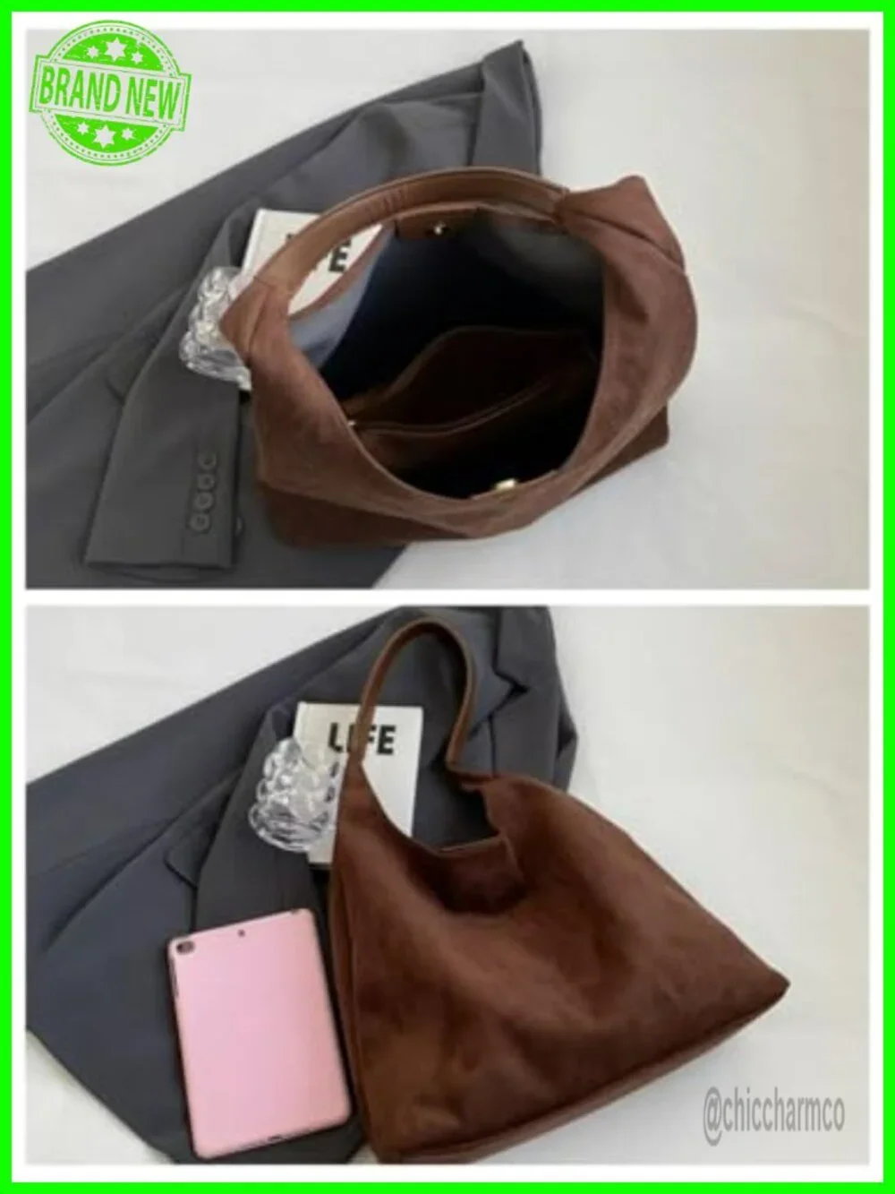 Faux Suede Hobo Bag - Slouchy Shoulder Tote for Women
